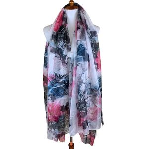 FLAW Peisi Floral Silk Scarf One Size Sheer Lightweight Boho Wrap